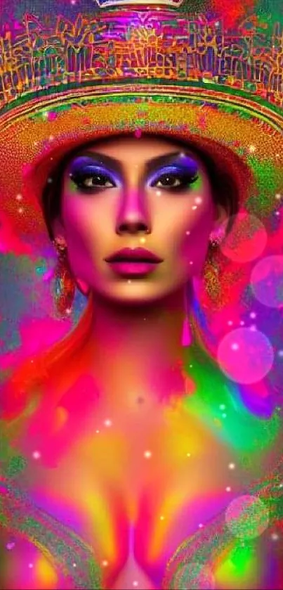 Vibrant portrait of a crowned beauty with colorful hues.