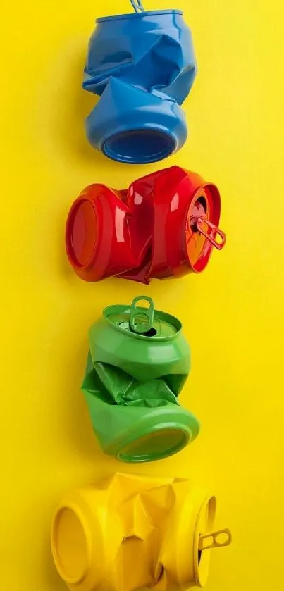 Colorful crushed cans on a yellow background wallpaper.