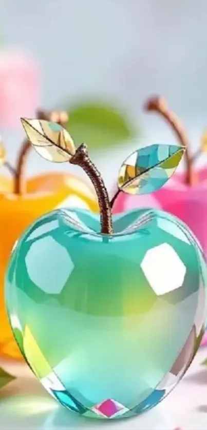 Vibrant crystal apples with colorful reflections.