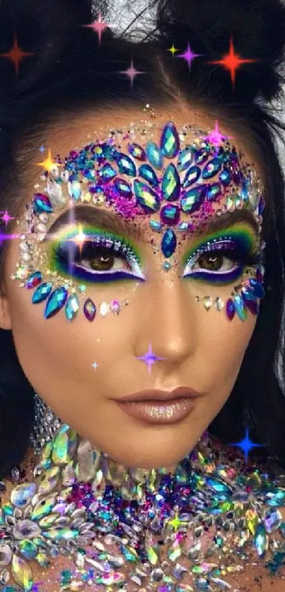 A woman adorned with vibrant crystal makeup and artistic face decorations.