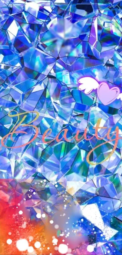 Colorful crystal wallpaper with heart and beauty text design.