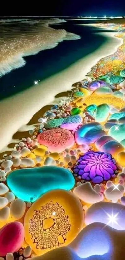 Colorful crystals on a serene night beach with ocean waves.