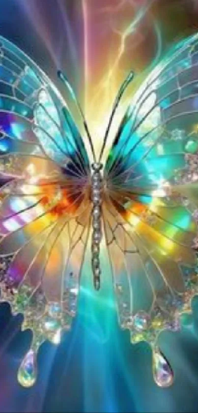 Vibrant crystal butterfly with colorful, radiant wings on a luminous background.