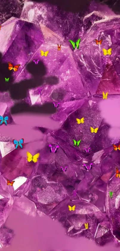 Purple crystals with colorful butterflies