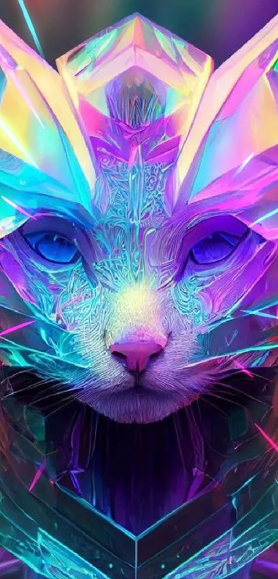 Vivid neon crystal cat with colorful reflections.