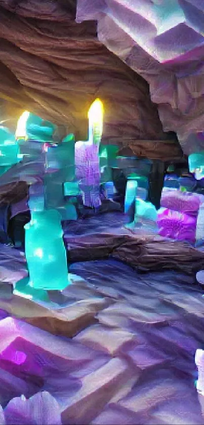 Vibrant crystal cave digital art wallpaper with luminescent hues and mystic ambiance.