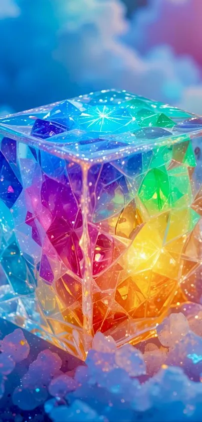 Colorful crystal cube on dreamy background.
