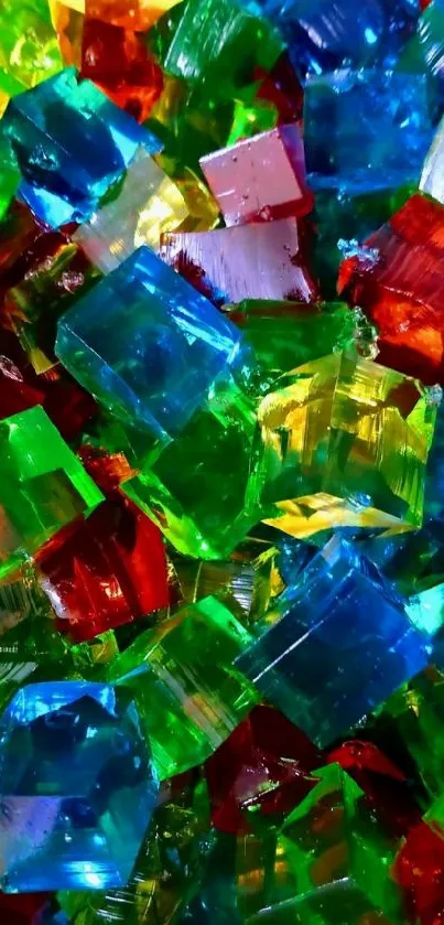 Vibrant cubes in green, blue, and red colors with a crystal-like texture.