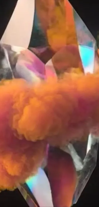 Colorful crystal with swirling orange clouds on black background.