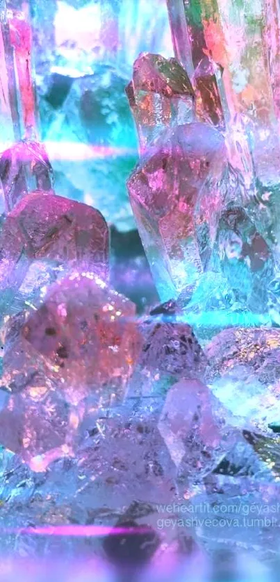 Colorful crystal wallpaper with pink, blue, and green hues for a magical look.