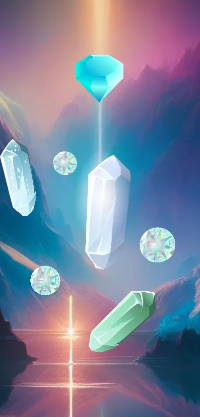 Vibrant fantasy wallpaper featuring glowing crystals and mystical mountains.