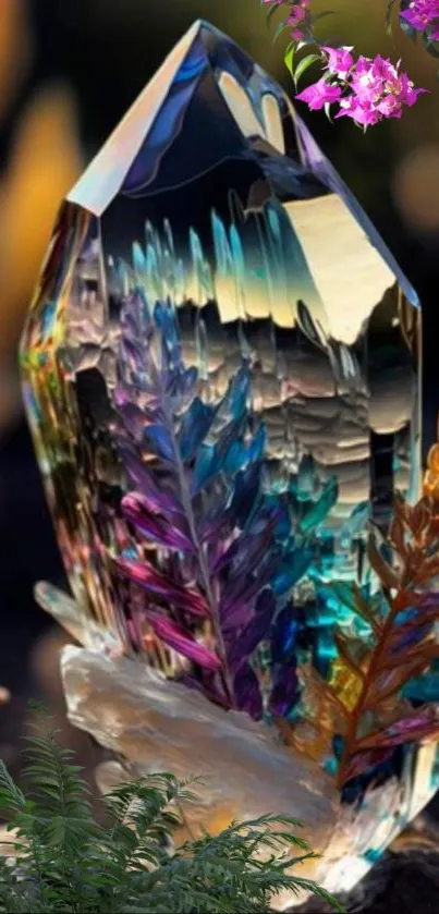 A colorful crystal with vibrant fern patterns on a mobile wallpaper background.