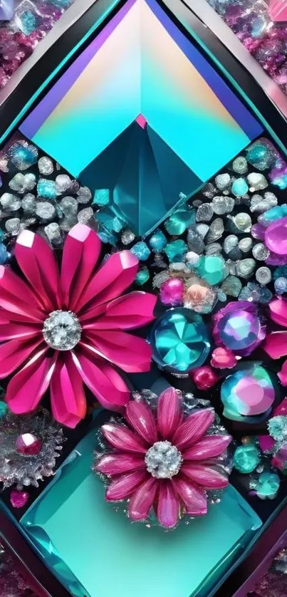 Vibrant teal crystal floral wallpaper design.