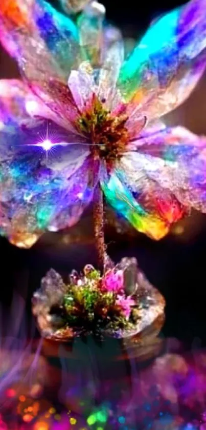 Vibrant crystal flower with radiant colors and shiny texture for phone wallpaper.