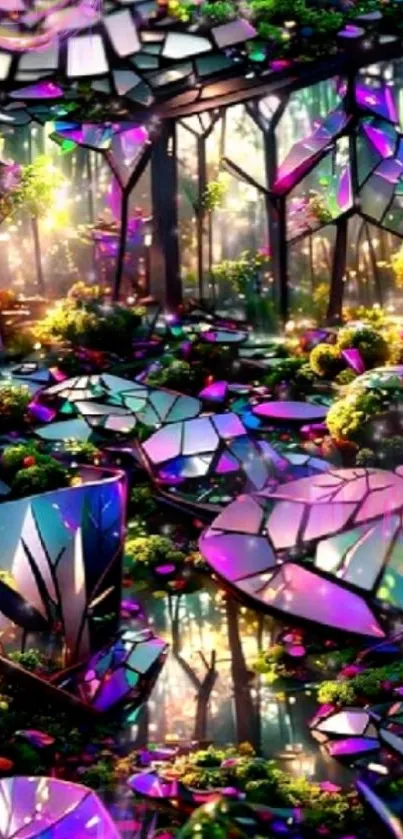 Vibrant purple and green crystal forest wallpaper with light reflections.