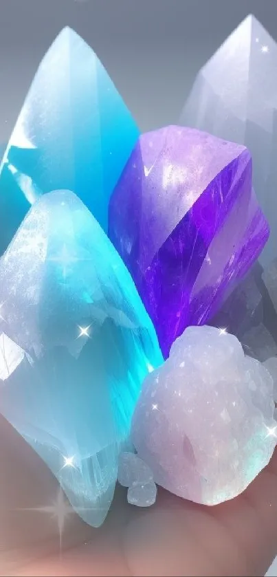 Hand holding vibrant blue and purple crystals.