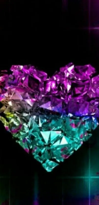 Vibrant multicolored crystal heart on black background.