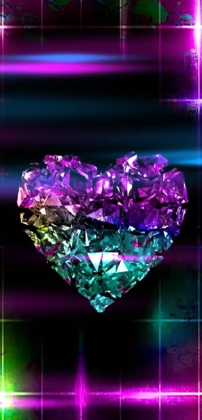 Vibrant crystal heart with neon glow on black background.