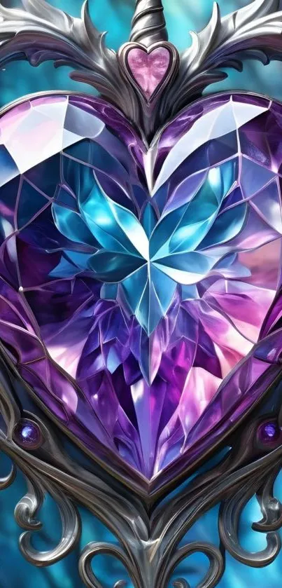 Intricate purple crystal heart with blue center in ornate design.