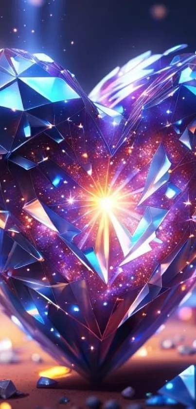 Vibrant crystal heart with geometric design and colorful light effects.