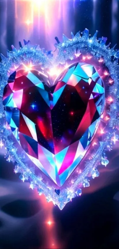 Vibrant crystal heart wallpaper with dazzling blues and pinks.