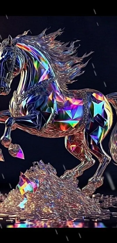 Colorful crystal horse with prismatic display on a dark background.