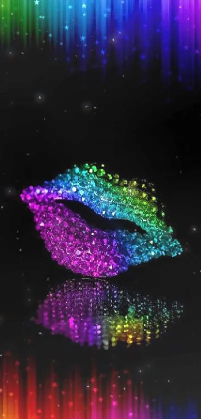 Vibrant crystal lips on a black background with rainbow colors.