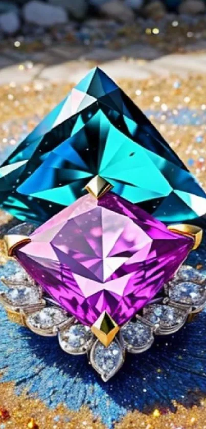 Two sparkling gemstones, blue and purple, set against a glittery background.