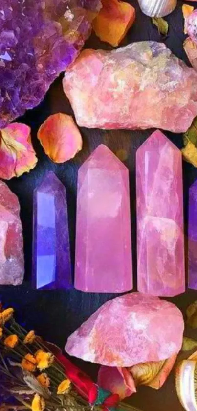 Vibrant purple and pink crystal mobile wallpaper with colorful gemstones.