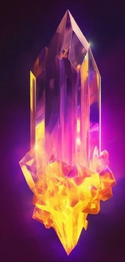 Vibrant crystal glowing with purple and yellow hues on a mobile wallpaper.