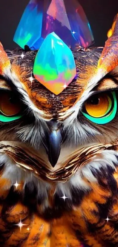 Colorful crystal owl with vibrant feathers in digital artwork.