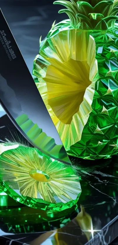 Crystal pineapple with vibrant green slices and knife.