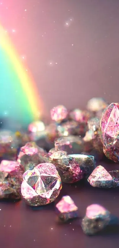 Mobile wallpaper with pink crystals and a vibrant rainbow background.