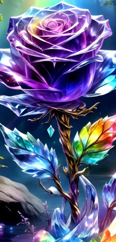 Vibrant crystal rose with colorful leaves in a fantasy art style.