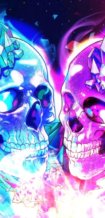 Vibrant neon crystal skulls in vibrant hues.