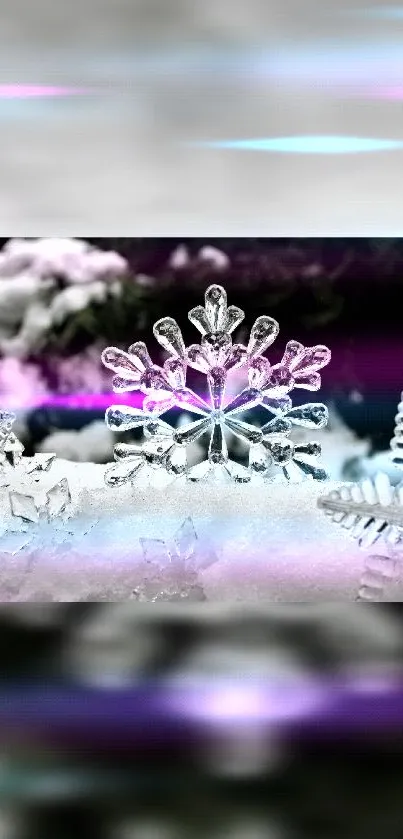 Crystal snowflake with purple hues, vibrant colors, and abstract design.