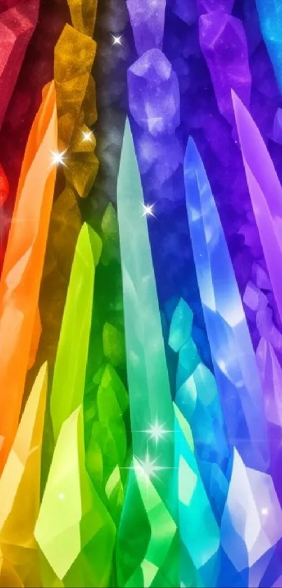 Vibrant rainbow crystals in geometric shapes for a colorful phone wallpaper.