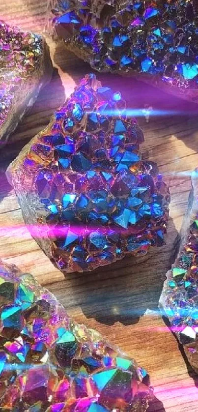 Colorful and sparkling crystal stones on a wooden surface.