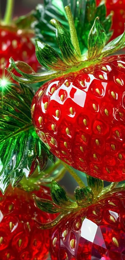 Close-up of shiny crystal strawberries with intricate details.