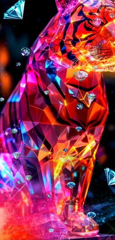 Colorful geometric crystal tiger with diamonds, glowing in vibrant hues.