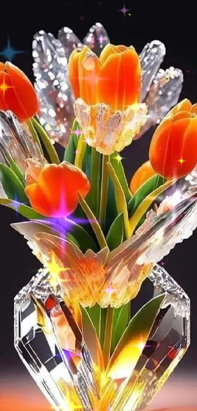 Vibrant crystal tulips in a glass vase with vivid colors.