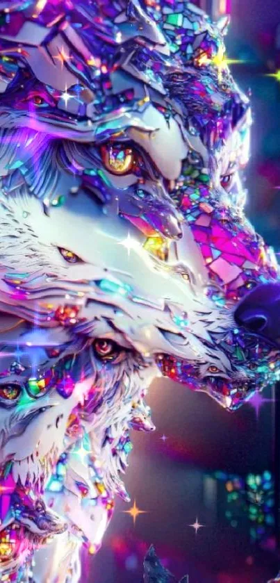 A vibrant crystal wolf with colorful reflections in fantasy art wallpaper.