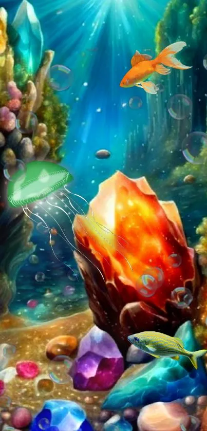 Vibrant underwater scene with colorful crystals and gems.