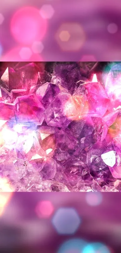 Colorful crystals with a vibrant purple bokeh background for mobile wallpaper.