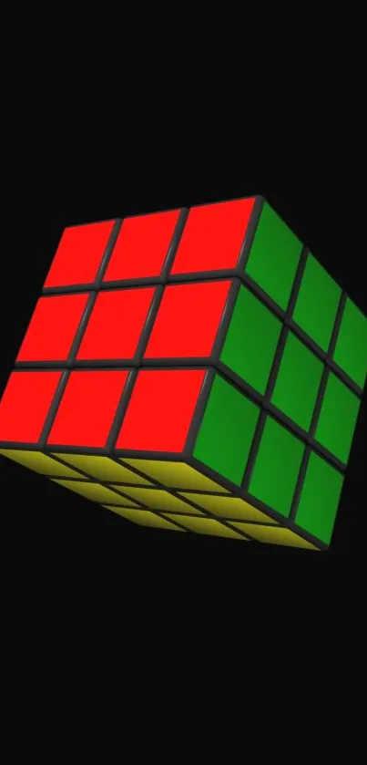 3D puzzle cube with red, green, and yellow on black background.