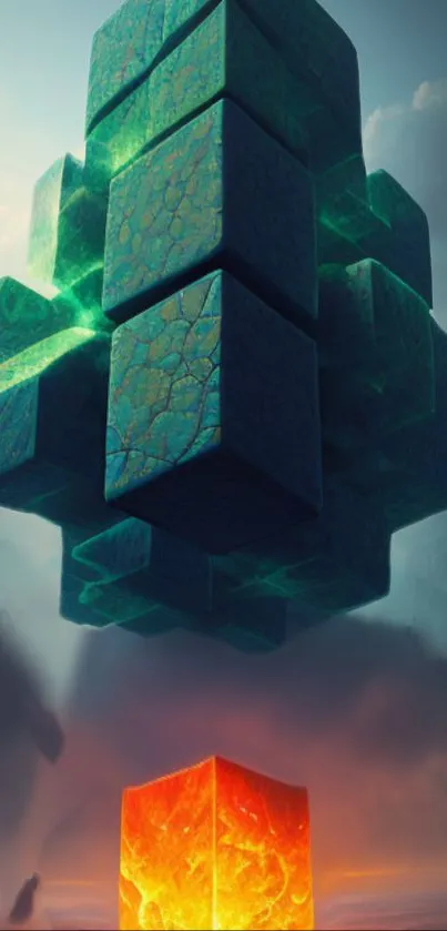 Flying green cubes with fiery base in a colorful sky.