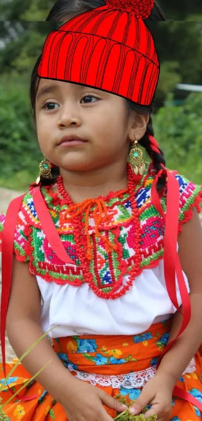 Child in traditional vibrant dress and hat.