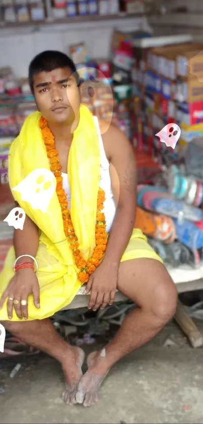 Young man in yellow attire seated outdoors.