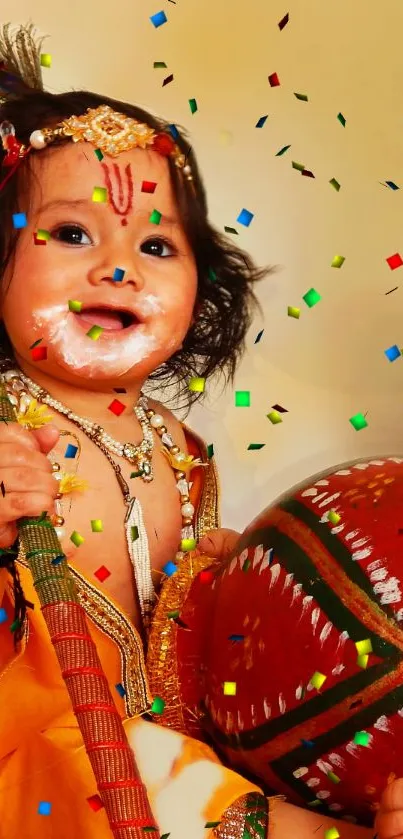 Vibrant baby in traditional attire with festive colors.