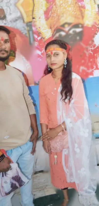 Colorful cultural art with traditional attire.